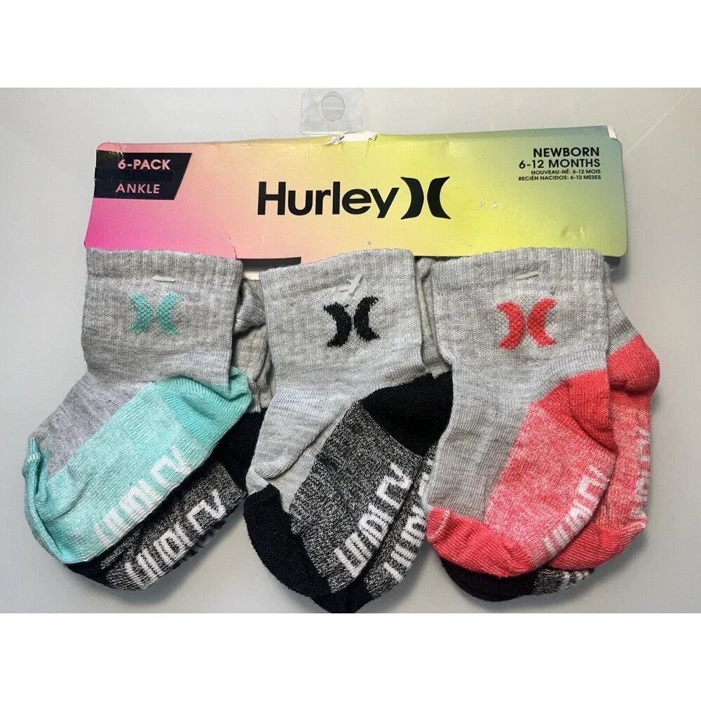 Lot 2 Hurley Baby Socks 6 Pk Multicolor Ankle Cushion Logo Set Sz 6-12 MO New
